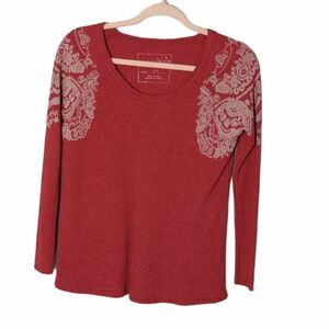 WE THE FREE Free People Womens Red Boho Waffle Knit Thermal Top Paisley Print XS